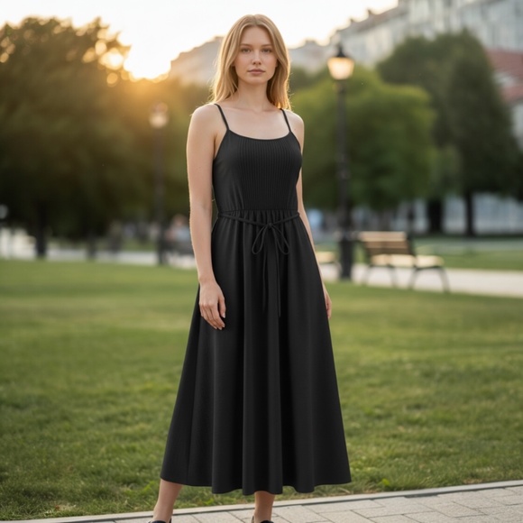 S.DEER Women’s Black Midi Dress Spaghetti Strap A-Line Casual Summer NWT - Picture 2 of 3